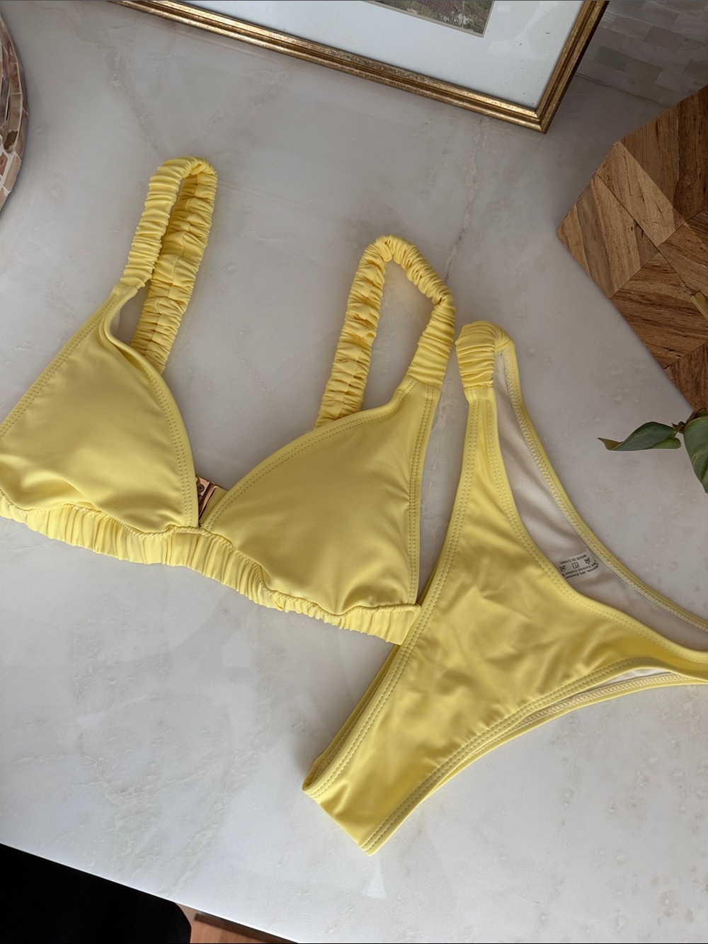 SHEIN Yellow Ruched Strap Triangle Bikini Set